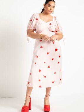Eloquii Pink Heart-Print Puff Sleeve Midi Dress - Size 14